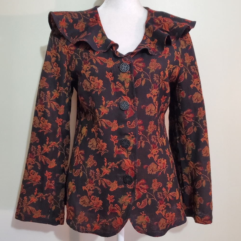 J. Jill wool black burgundy floral shawl collar tapestry top blazer jacket XS